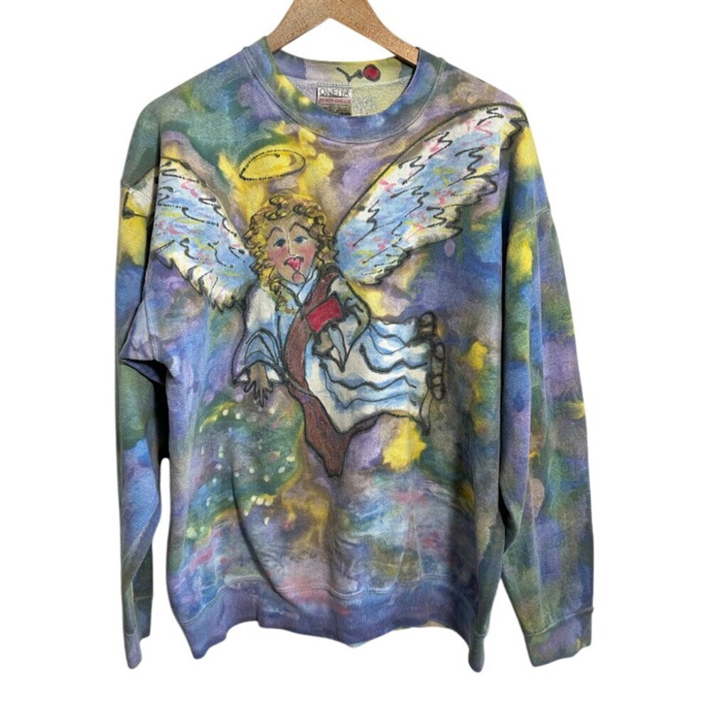 VTG Handmade Jesus Religious Watercolor Tie Dye Sweatshirt Unisex XL Angel